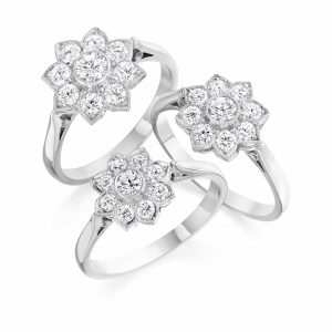 image of a silver ring with a diamond flower pattern